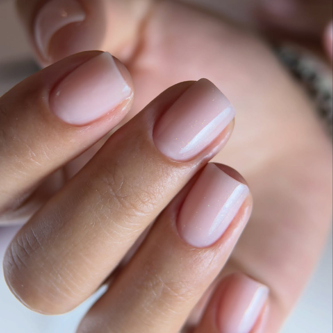 Sheer Pink Milky Nails With Subtle Shimmer