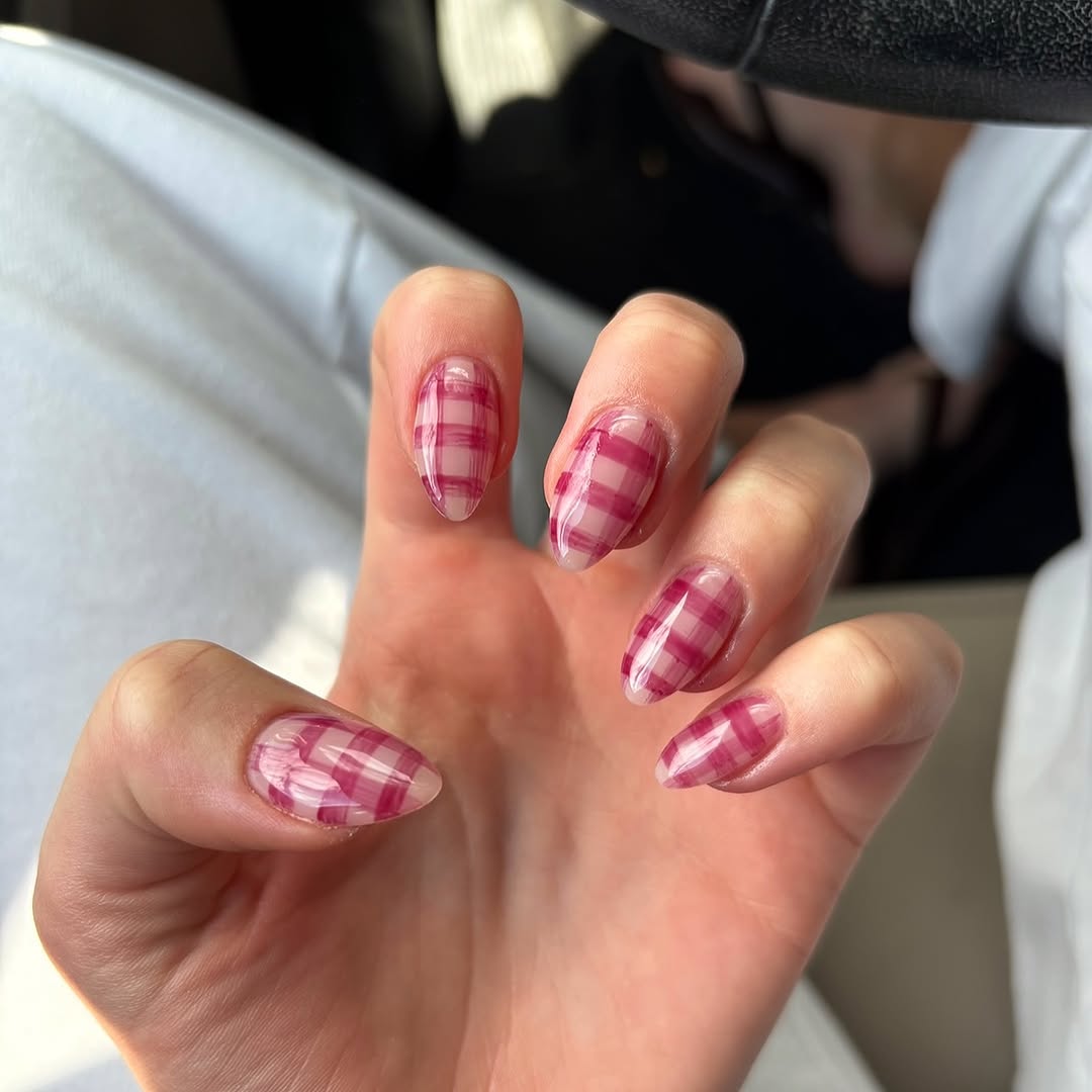 Sheer Pink Plaid Almond Shaped Nails