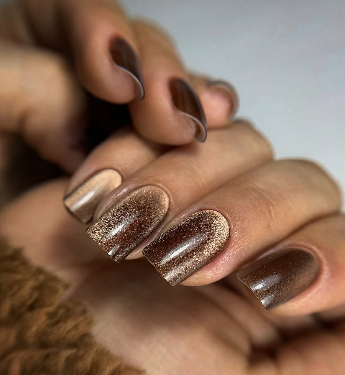 Shimmering Chocolate Cat Eye Square Nails