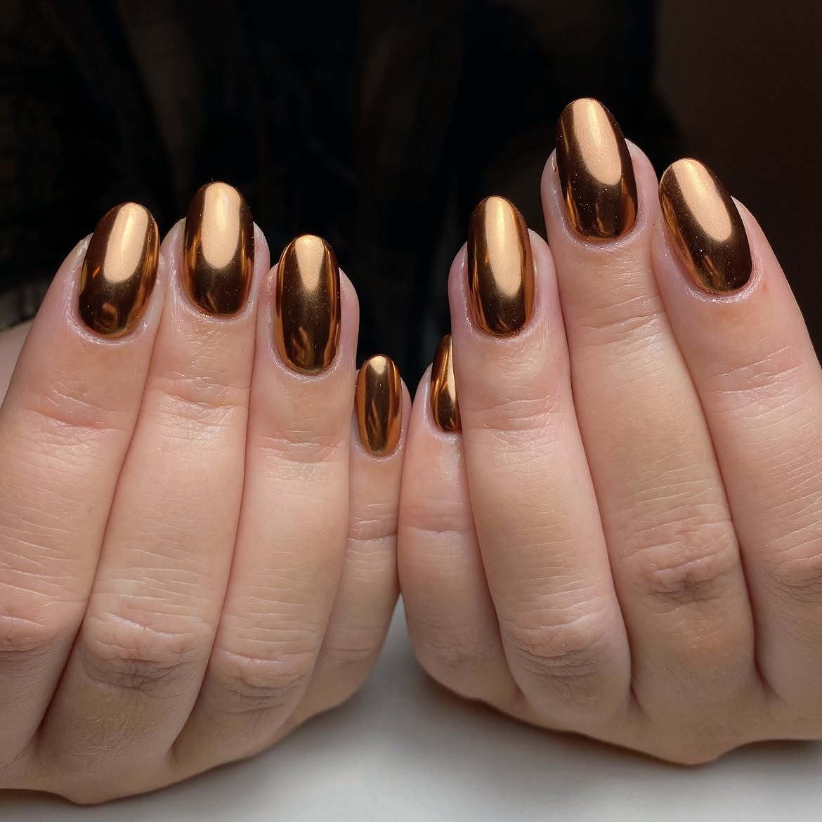 Shimmering Copper Chrome Oval Nails