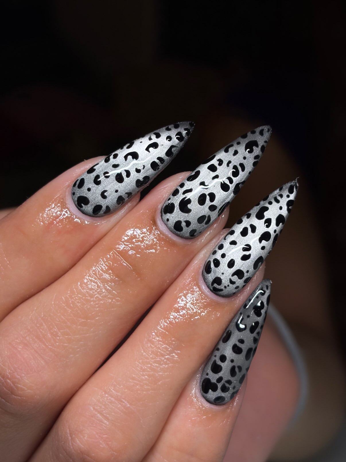 Silver Cheetah Print Stiletto Nails
