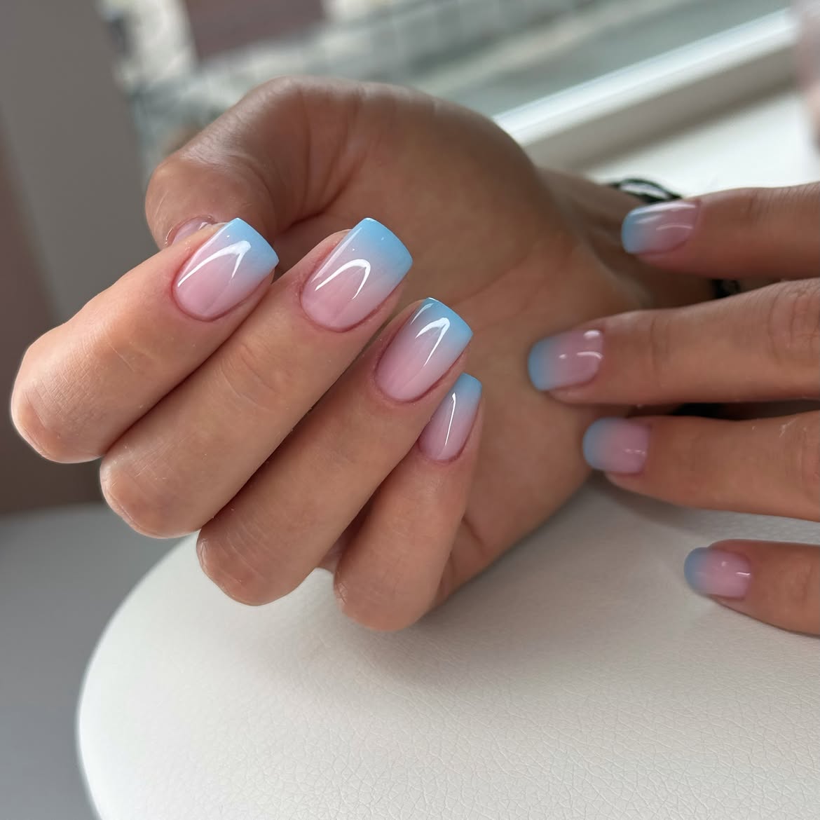 Sky Blue and Pink Ombre Square Nails