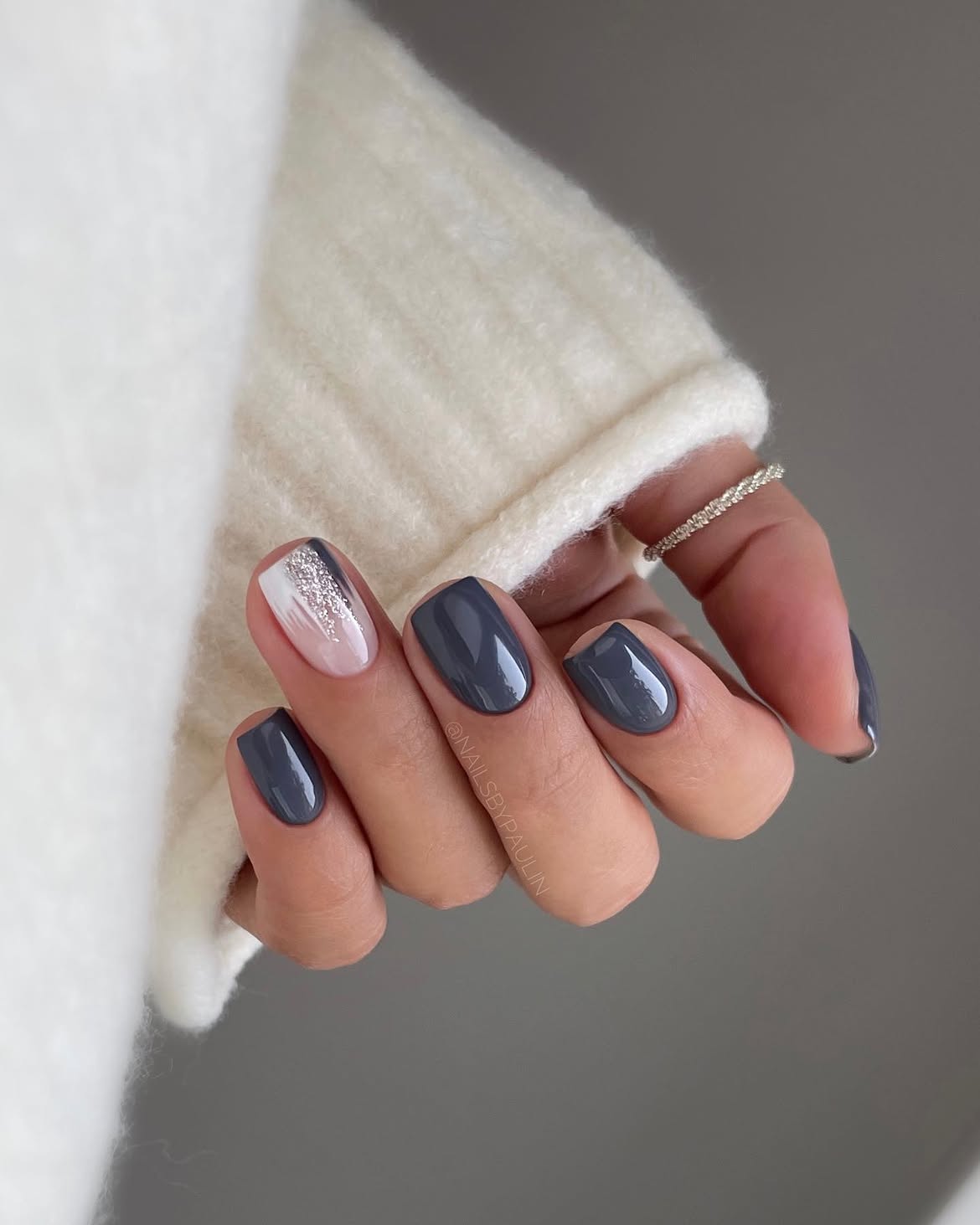 Slate Grey Glossy Gradient French with Silver Glitter Accent