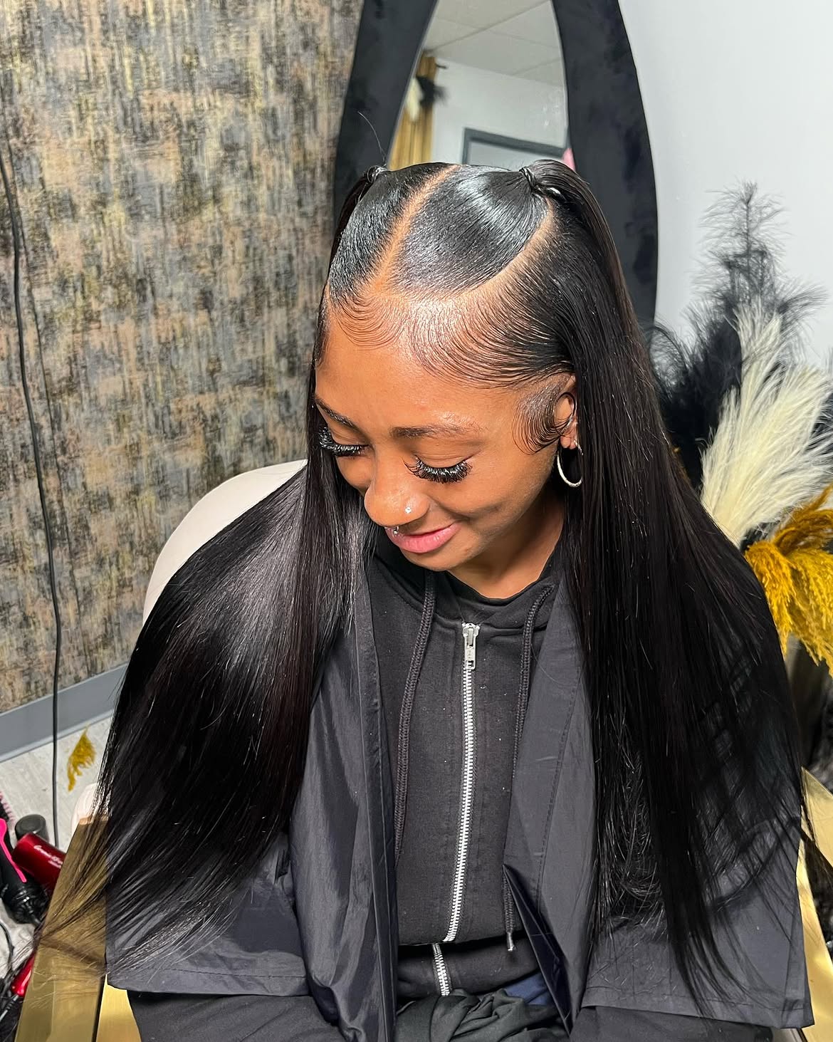 Sleek Double Half-Ponytail With Edges