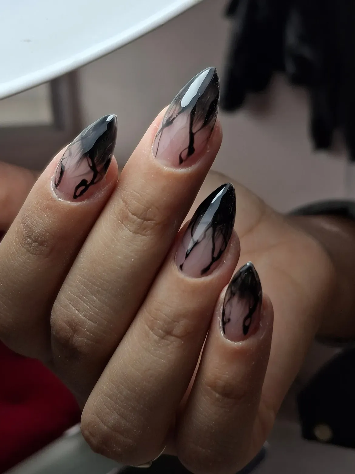 Smoky Black Swirl Almond Nails