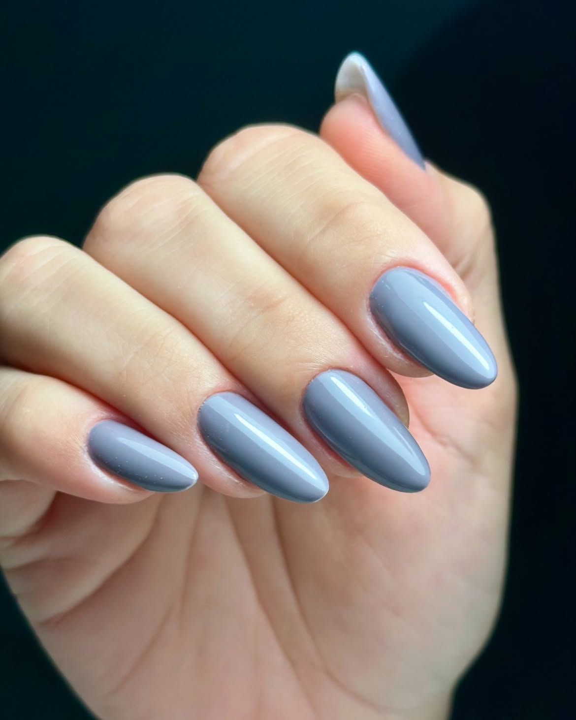 Smoky Blue Glossy Almond Nails