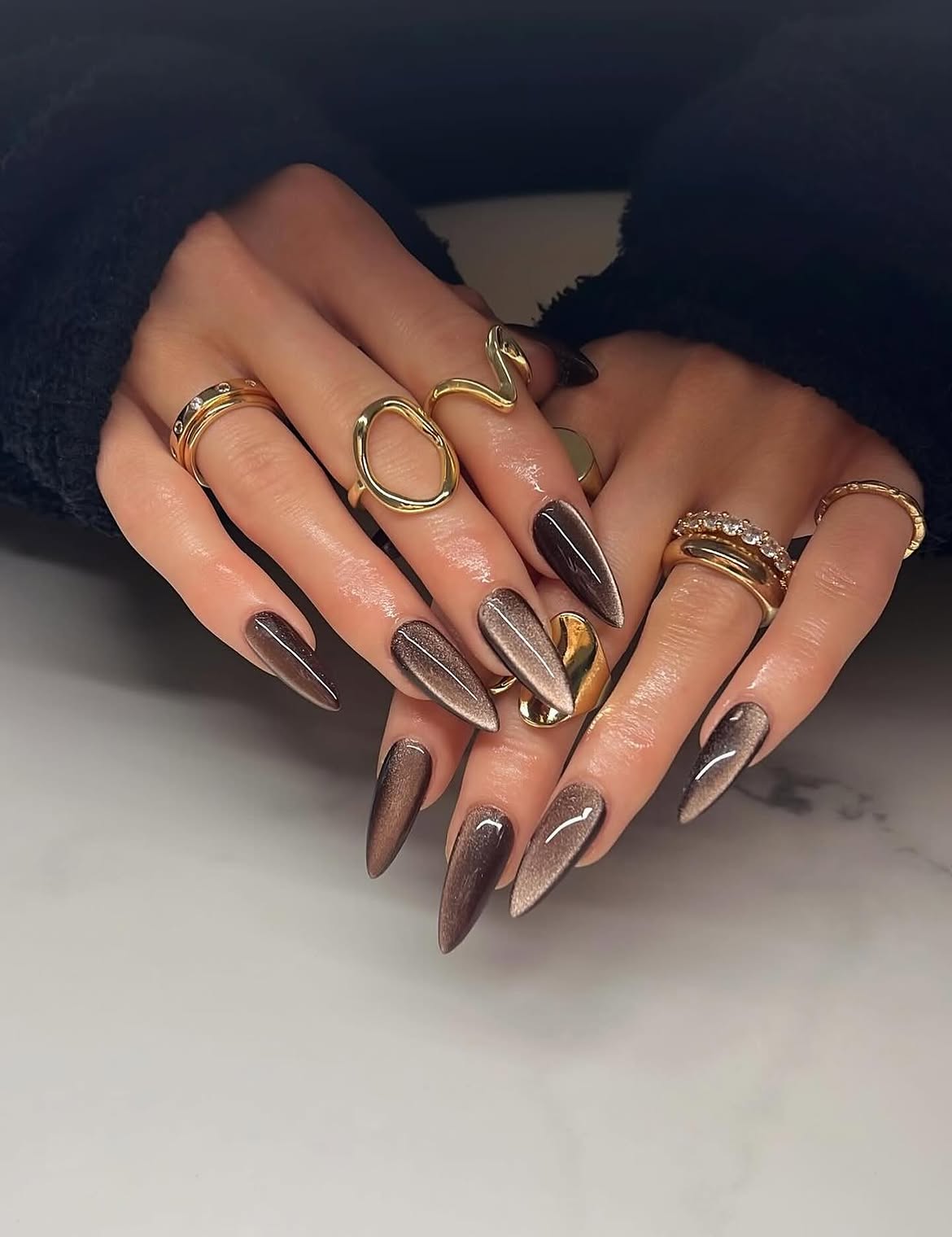 Smoky Brown Cat Eye Stiletto Nails