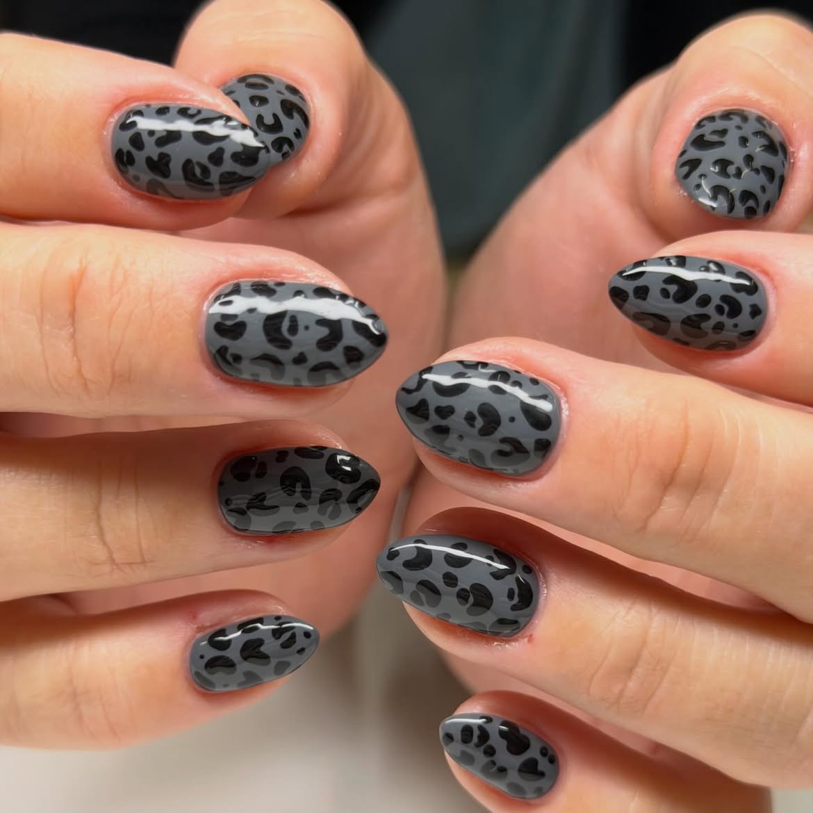 Smoky Grey Leopard Print Oval Nails