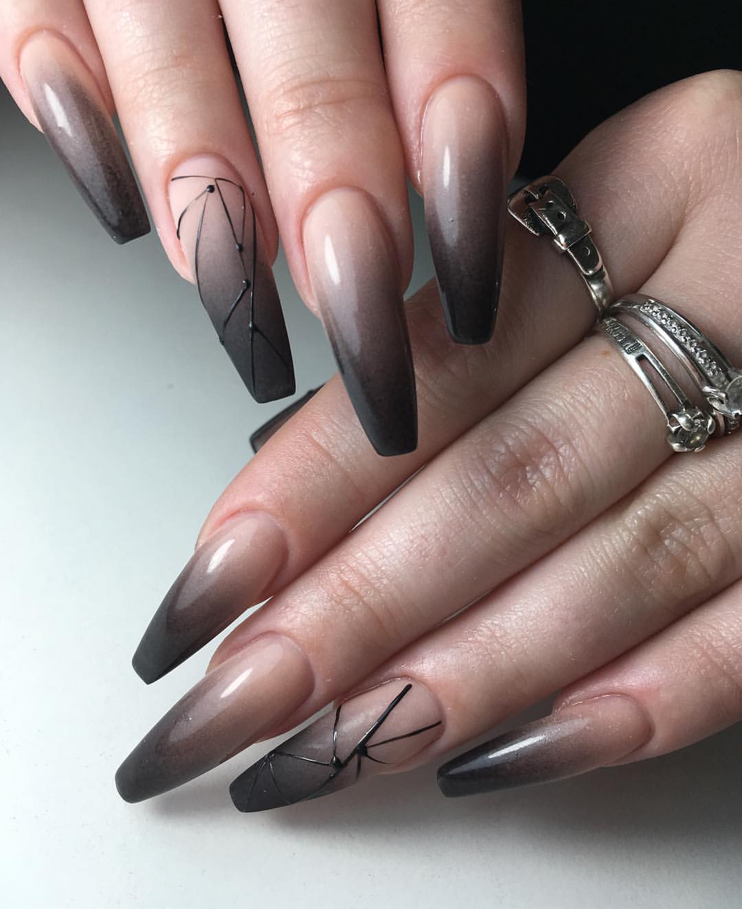 Smoky Ombre Coffin Nails with Black Geometric Art