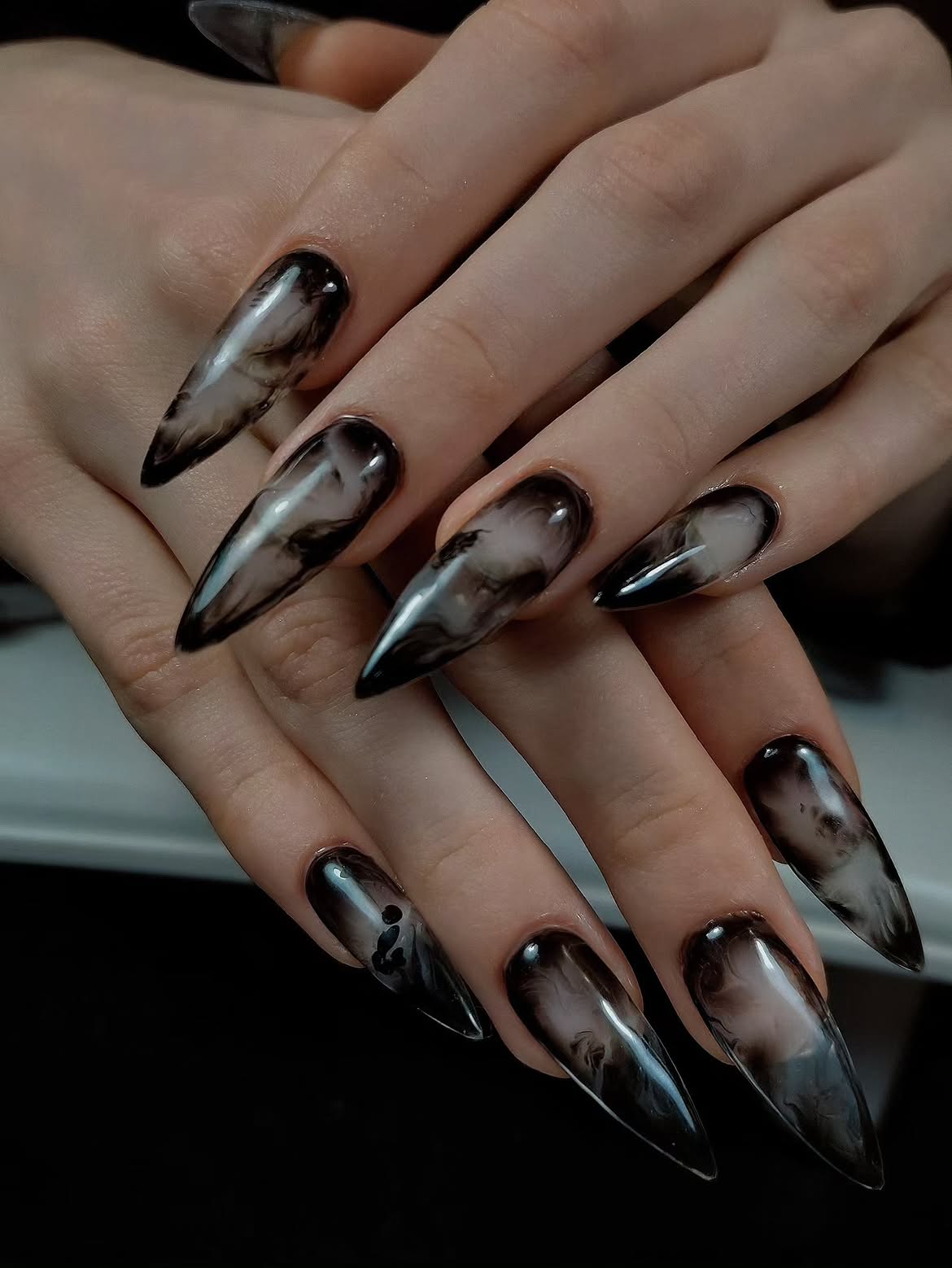 Smoky Quartz Marble Stiletto Nails