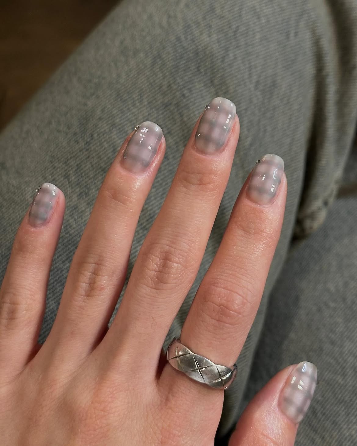 Soft Gray Plaid Jelly Nails with Gems