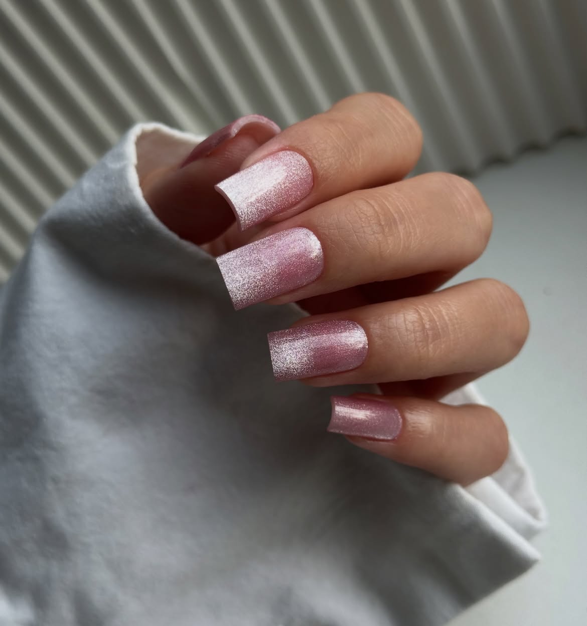 Soft Pink Chrome Shimmer Square Nails
