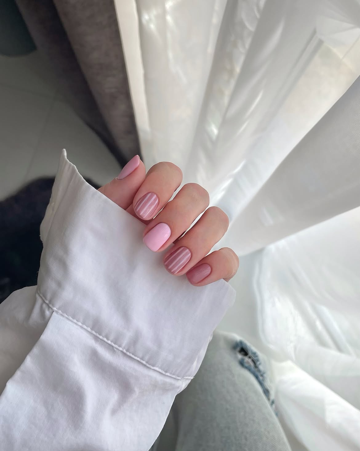Soft Pink Striped Square Nails