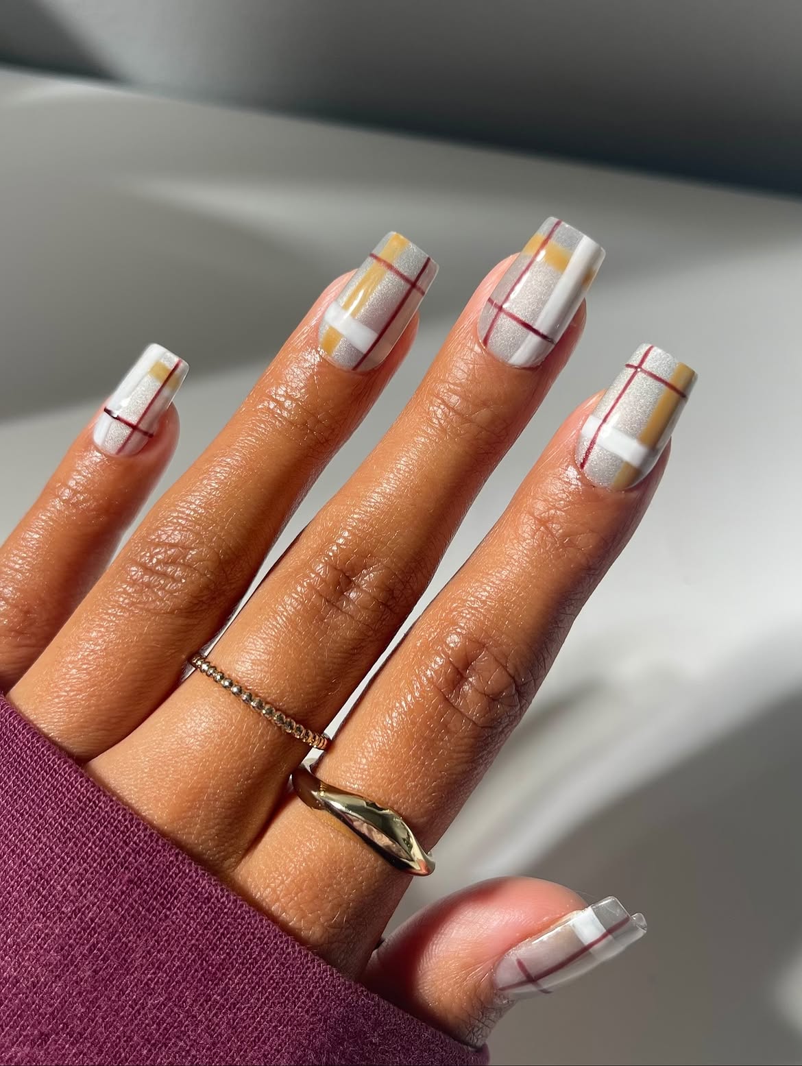 Sophisticated Plaid Square Nails With Metallic Accents