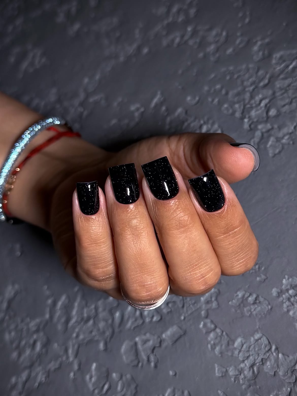 Sparkling Black Glitter Square Nails
