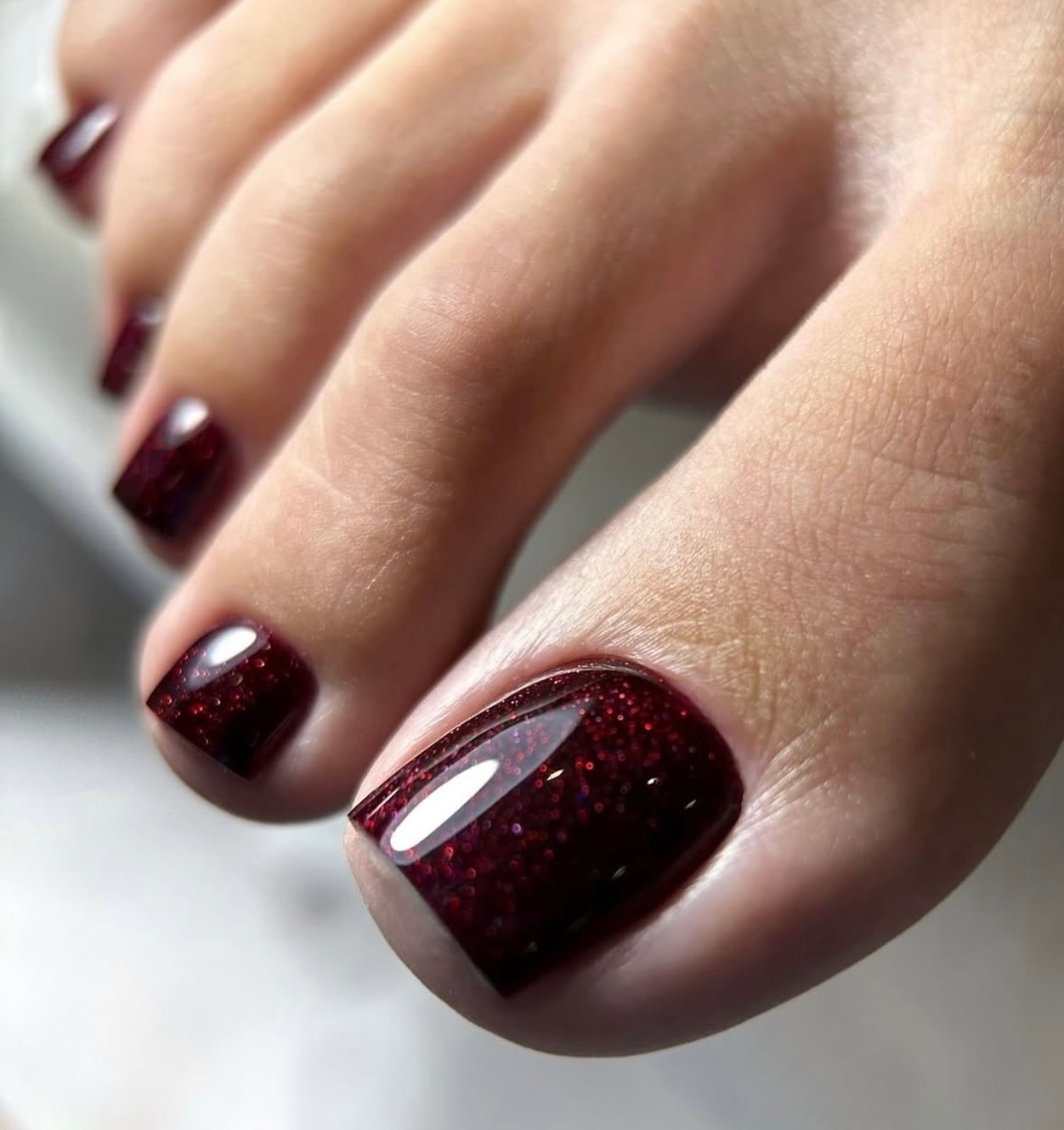 Sparkling Deep Burgundy Square Toe Pedicure