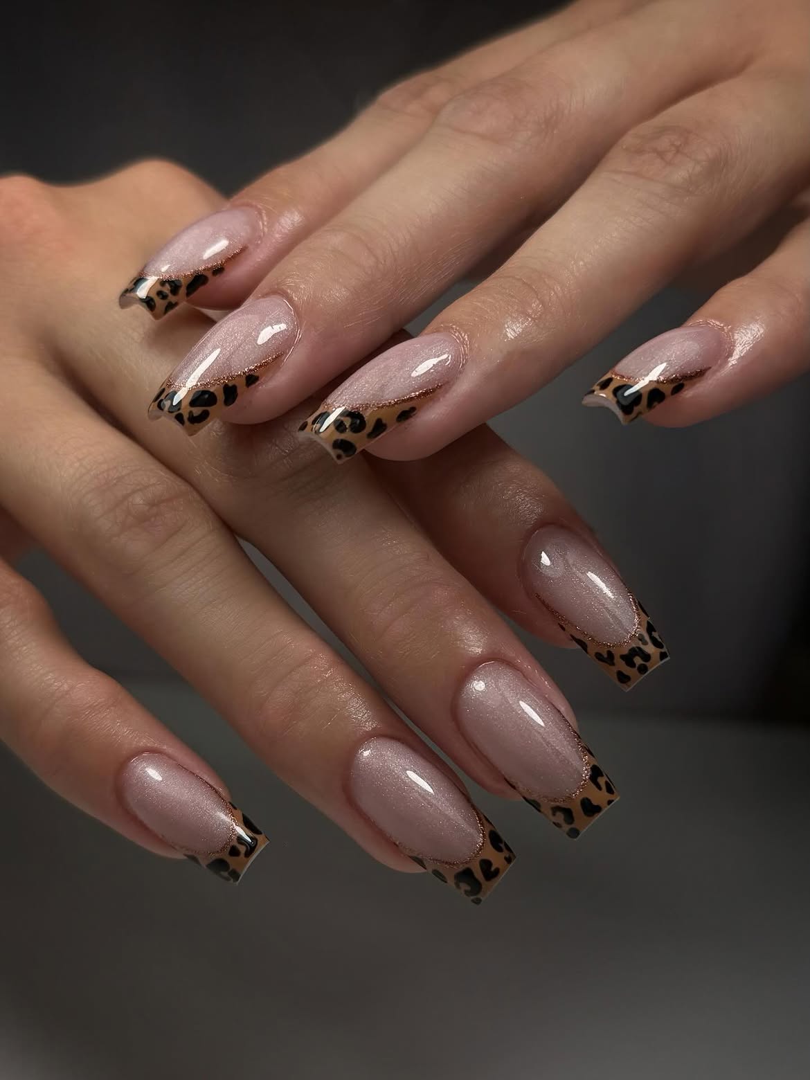 Sparkly French Tip Leopard Accent Nails