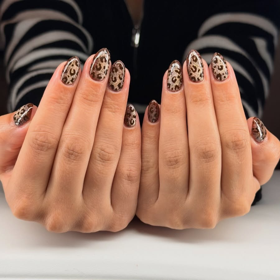 Sparkly Leopard Print Almond Nails
