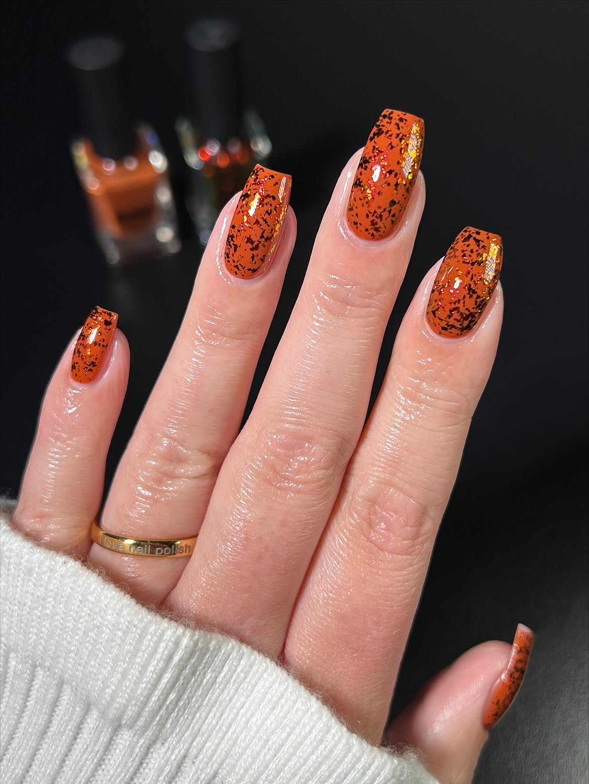 28 Stunning Coffin Nail Ideas for Your Perfect Fall Look 9 Sparkly Orange Flake Coffin Fall Nails