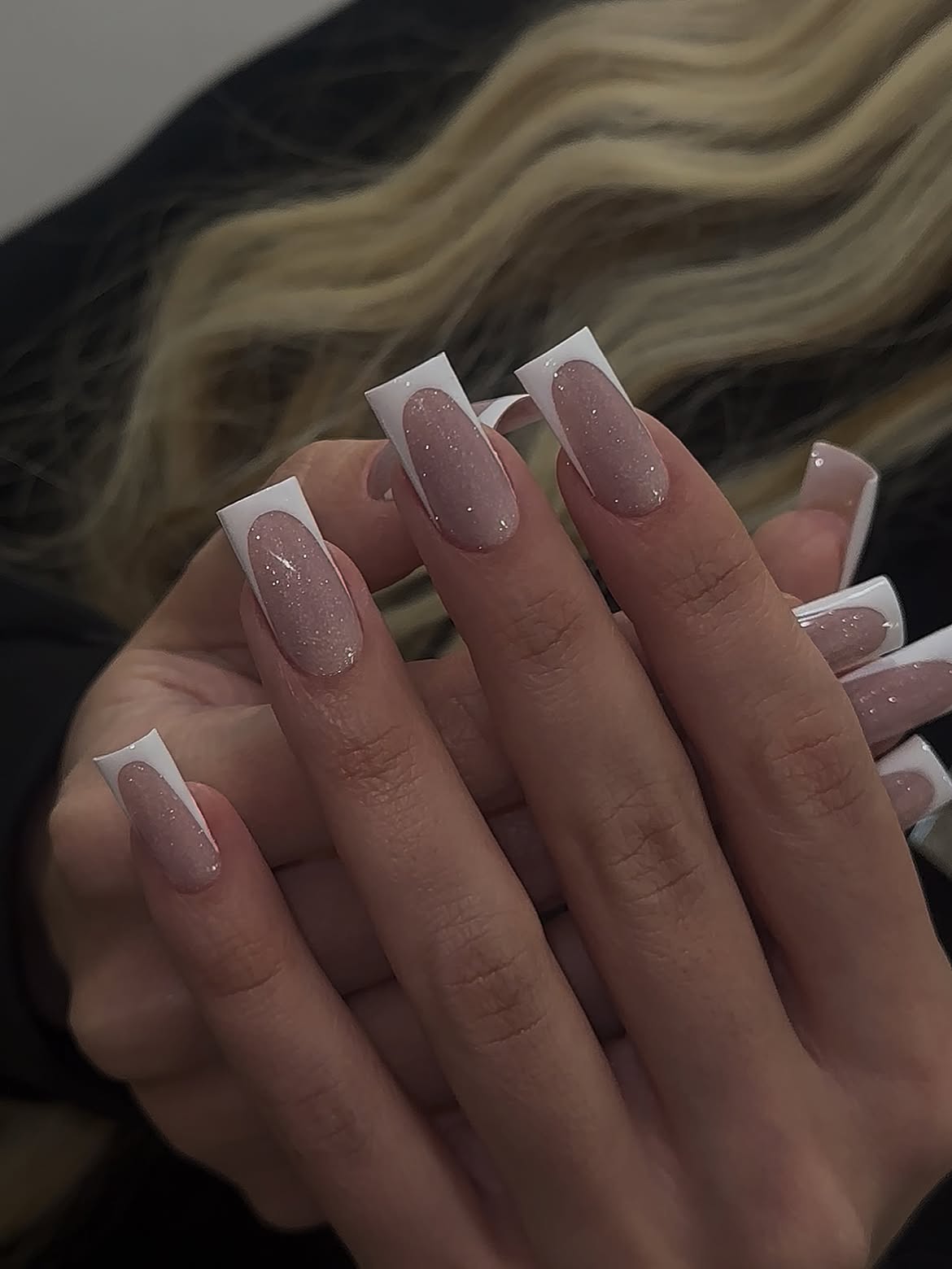 Sparkly Pink French Tip Square Nails