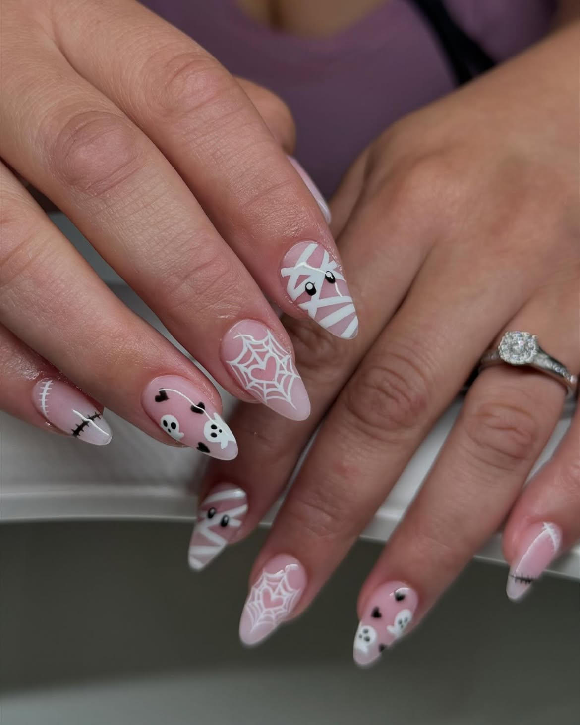 Spooky Cute Halloween Mummy and Spiderweb Nails