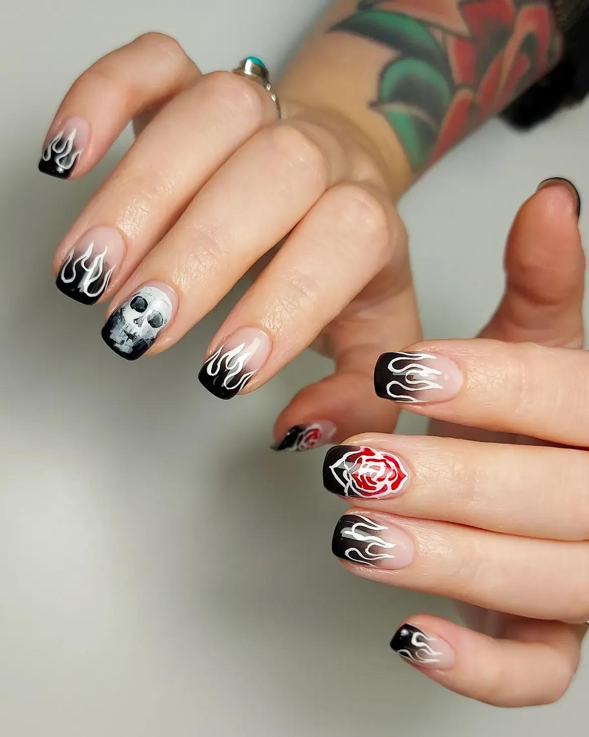 29 Spooky & Chic Halloween Nail Ideas for Short Nails 3 Spooky Flames Skull and Rose French Tips