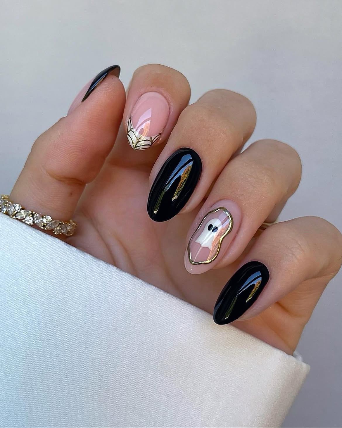 Spooky Ghost and Cobweb Halloween Almond Nails