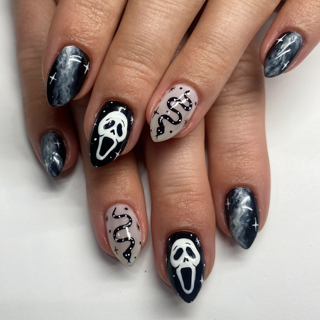 29 Spooky & Chic Halloween Nail Ideas for Short Nails 9 Spooky Ghost and Snake Halloween Almond Nails