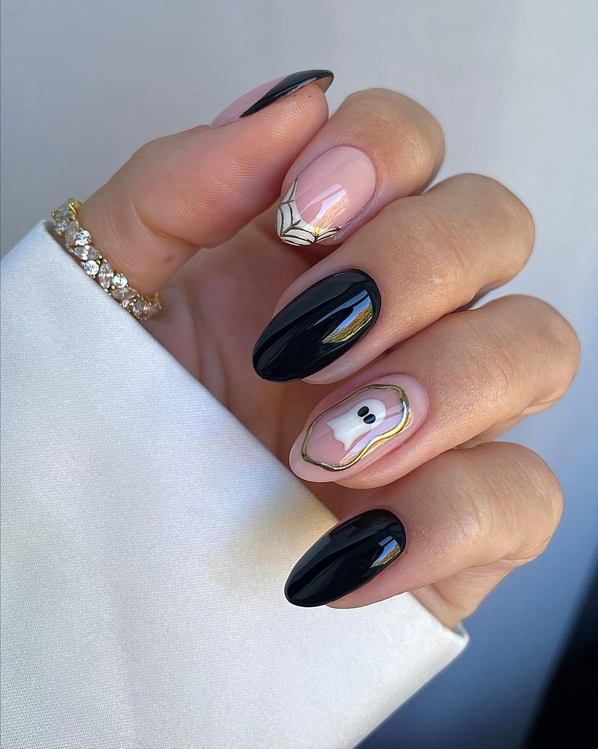 Spooky Ghost and Spiderweb Halloween Almond Nails