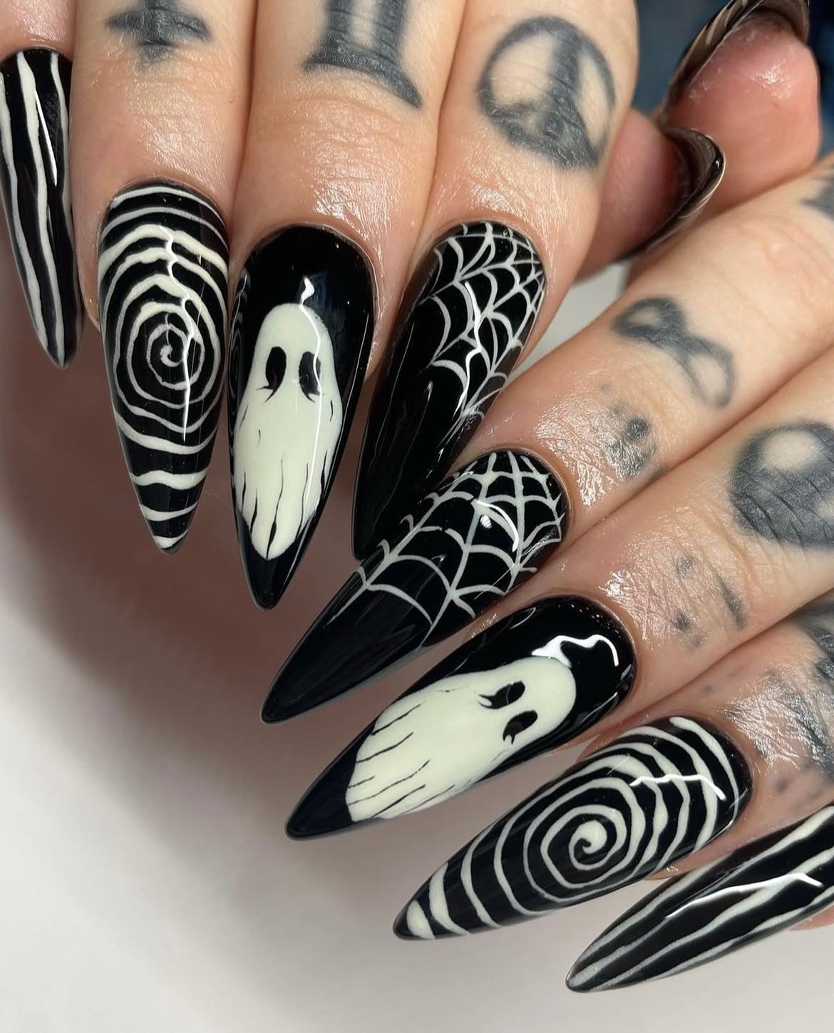Spooky Ghost and Spiderweb Stiletto Nails