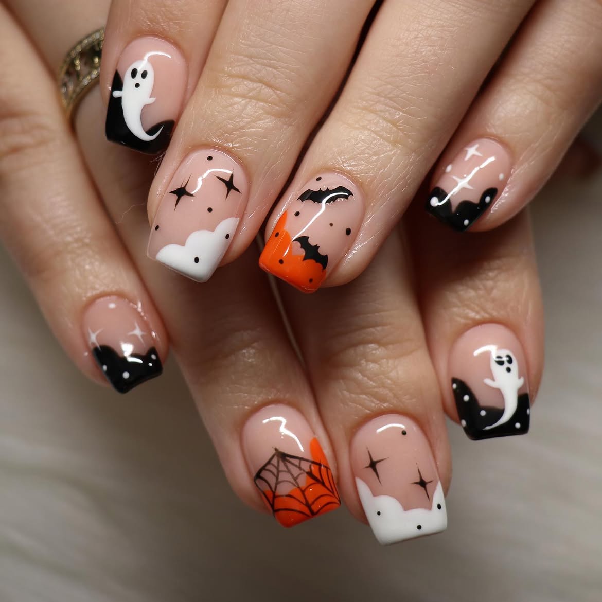 Spooky Ghost Bats Halloween French Tips