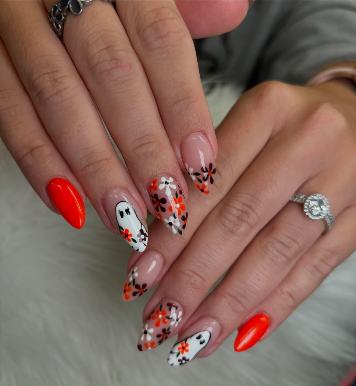 Spooky Ghost Floral Almond Halloween Nails