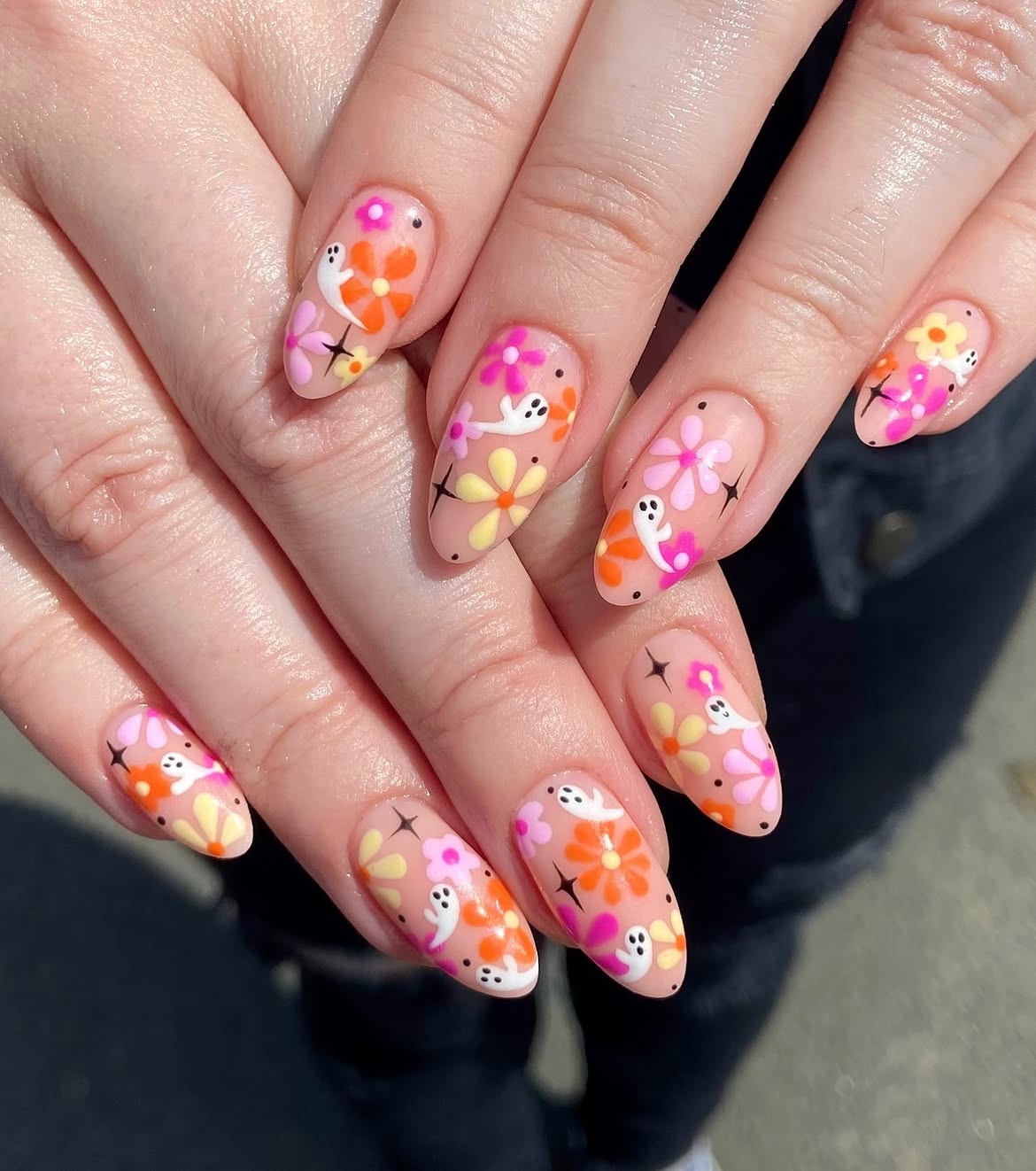 27 Spooktacular Pink Halloween Nail Ideas You Need 23 Spooky Ghost Floral Nude Almond Nails