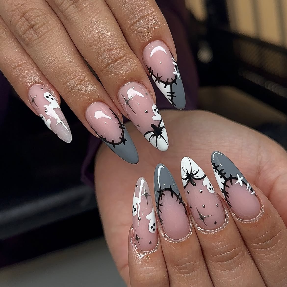 Spooky Ghostly Stitched Halloween Almond Nails