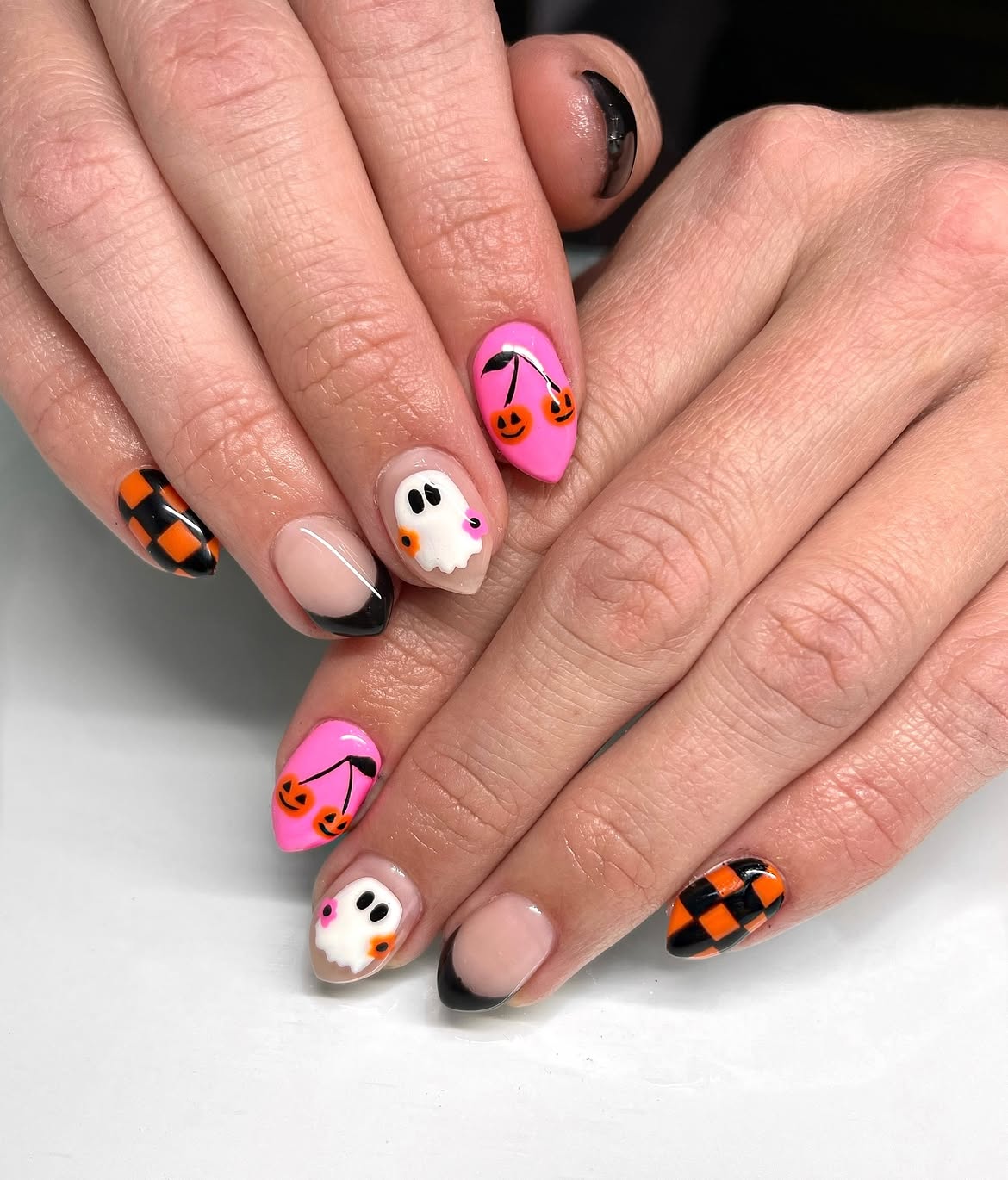 Spooky Halloween Ghost and Pumpkin Cherry Nails