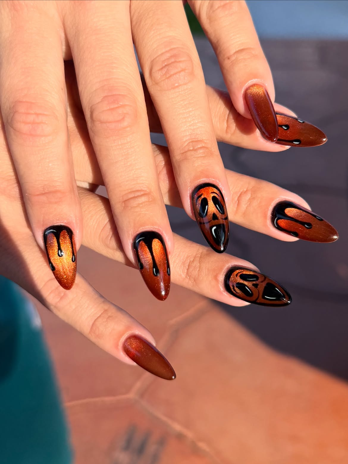Spooky Halloween Jack-o-lantern Drip Almond Nails