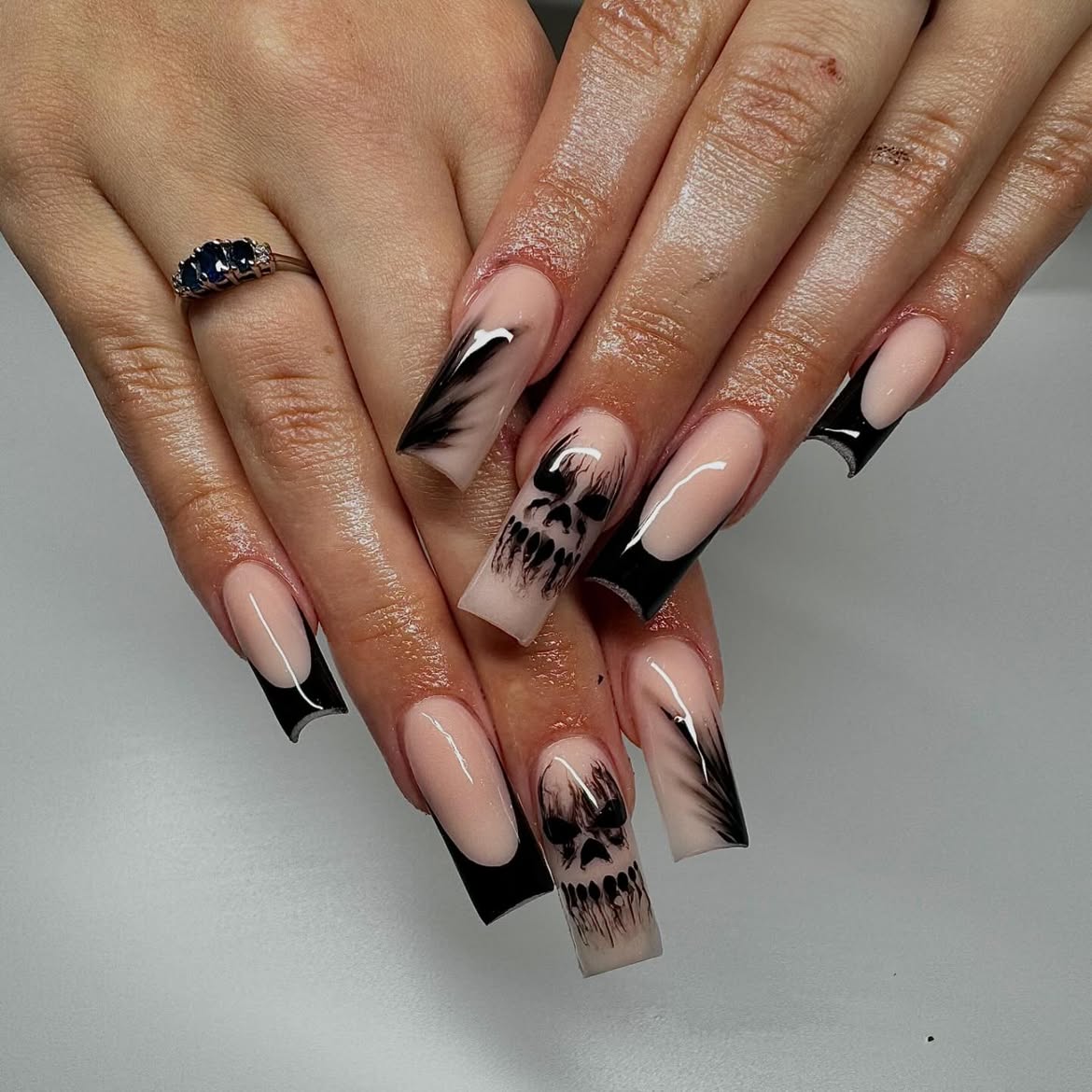 Spooky Skull French Tip Coffin Nails