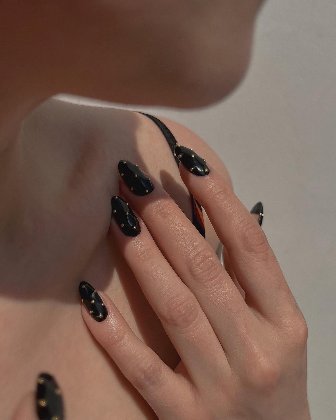 Studded Black Almond Glossy Nails