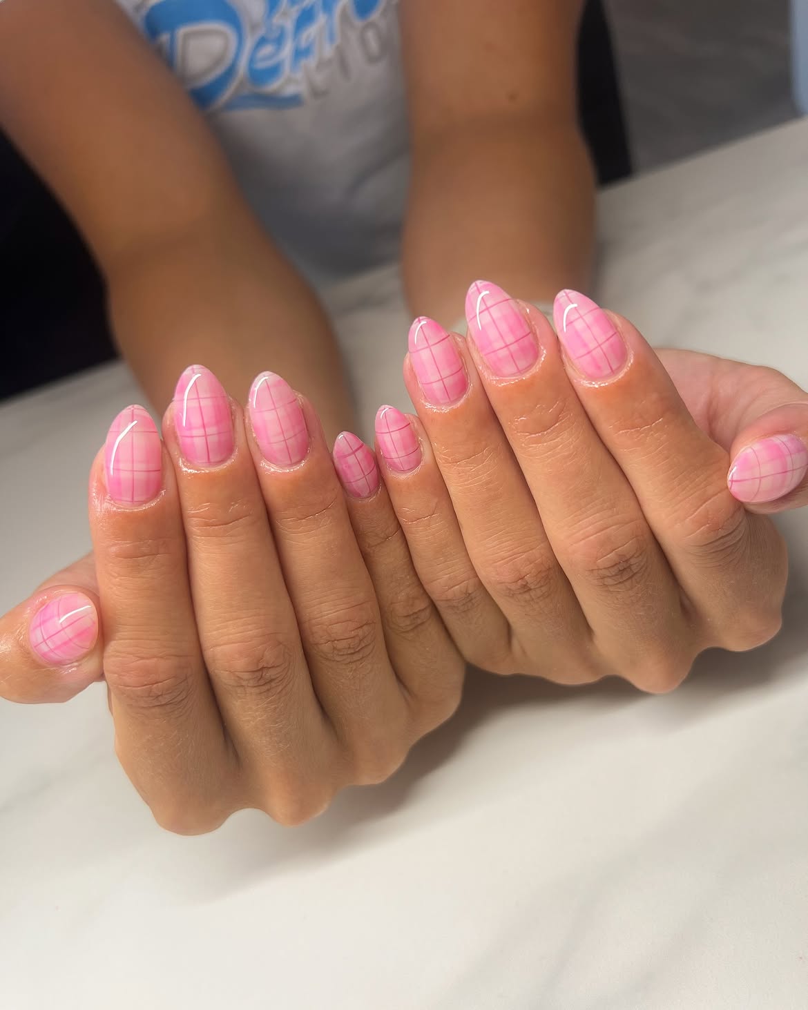 Sweet Pink Plaid Almond Nails