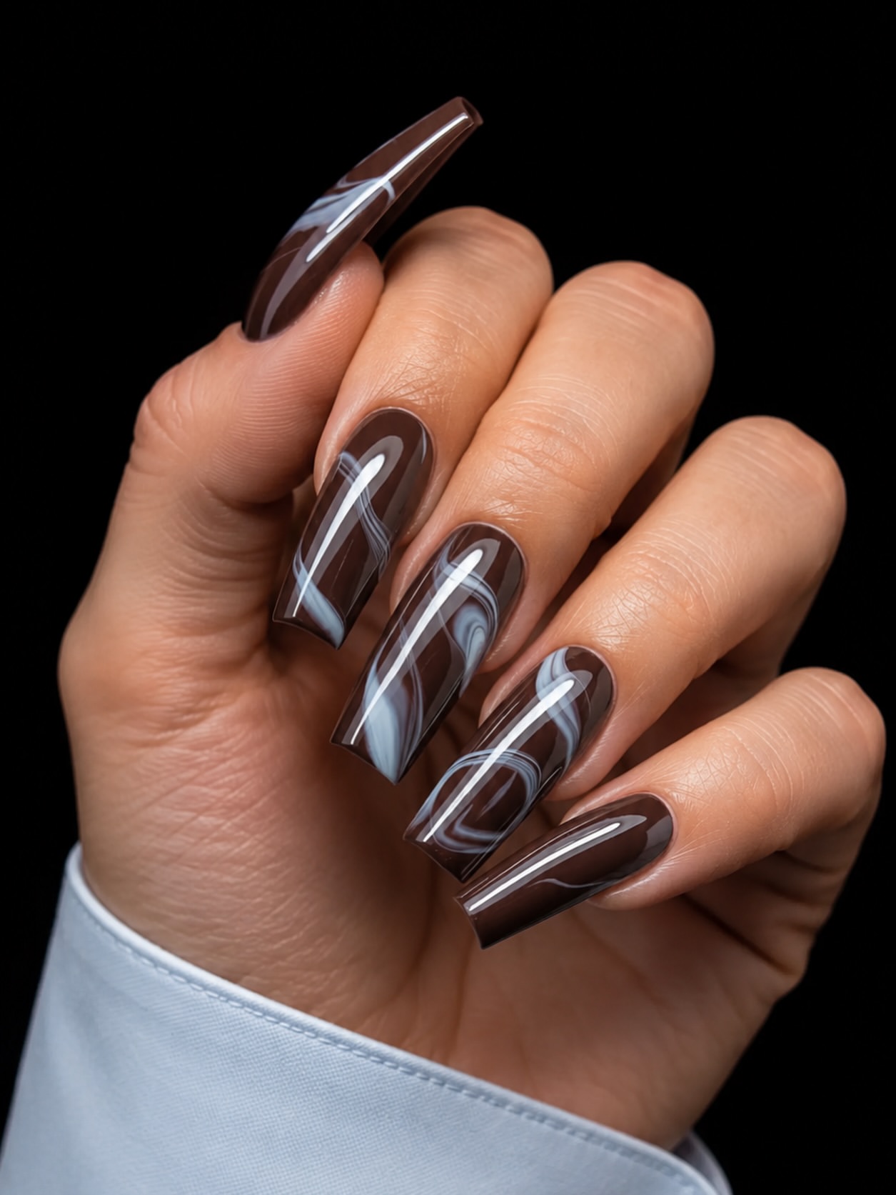 28 Stunning Coffin Nail Ideas for Your Perfect Fall Look 23 Swirled Chocolate Milk Coffin Nails