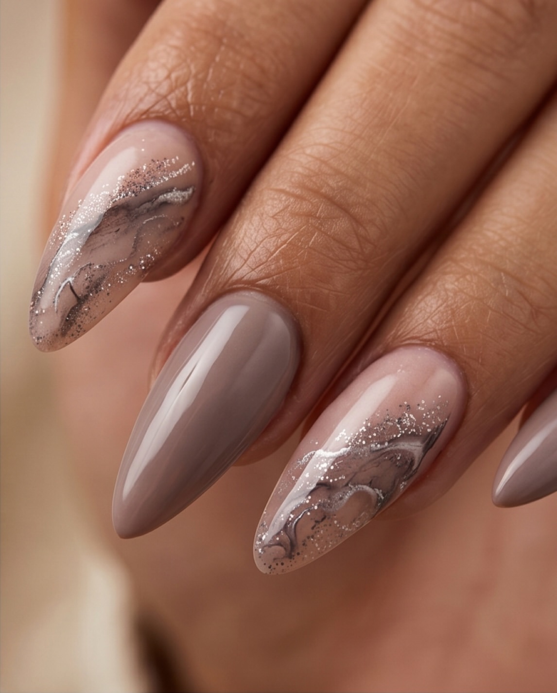 Taupe & Marble Almond Nails with Glitter Accent