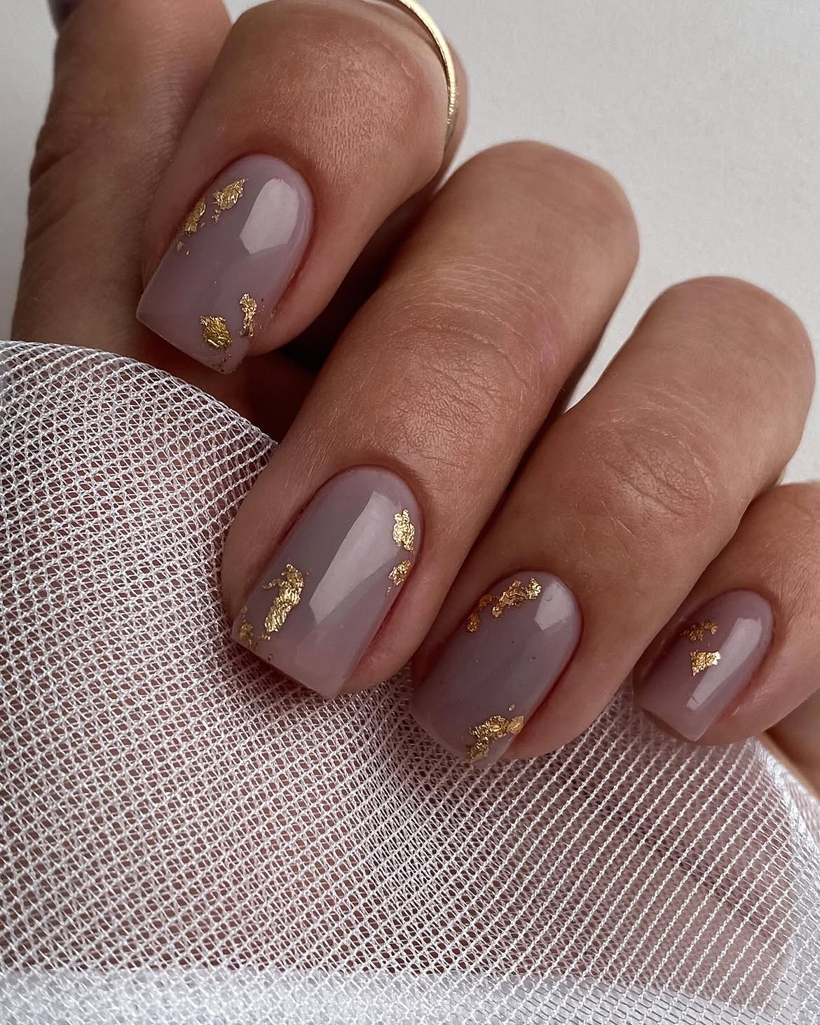 Taupe Nails With Gold Leaf Accents