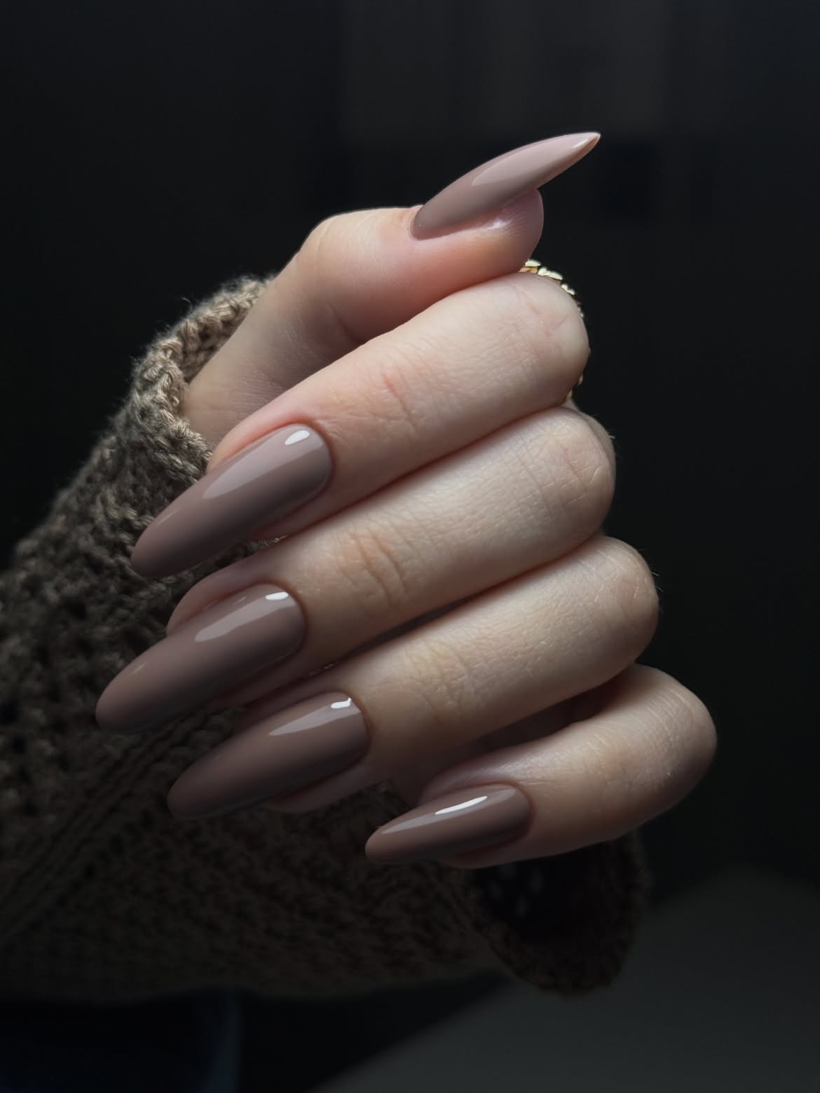 Taupe Stiletto Nails With Glossy Finish