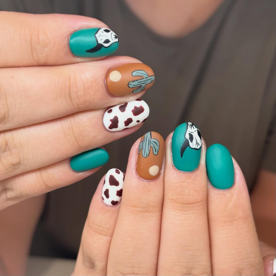 Teal Cowboy Skull & Cactus Matte Nails