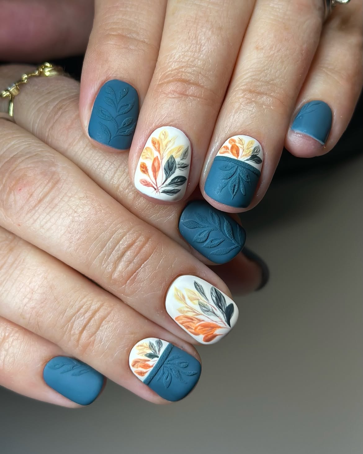 Textured Teal Leaf Embossed Fall Nails