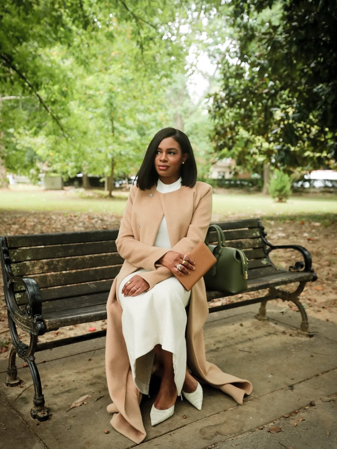 Timeless Camel Coat Over Cream Midi Dress Ensemble