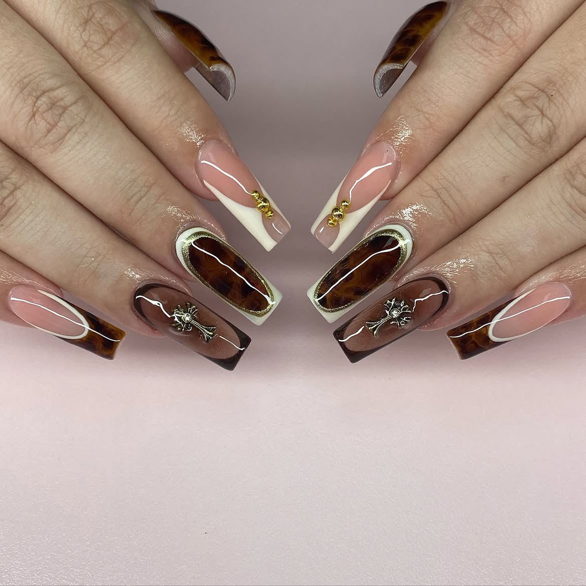 Tortoiseshell French Tip Coffin Nails with Charms