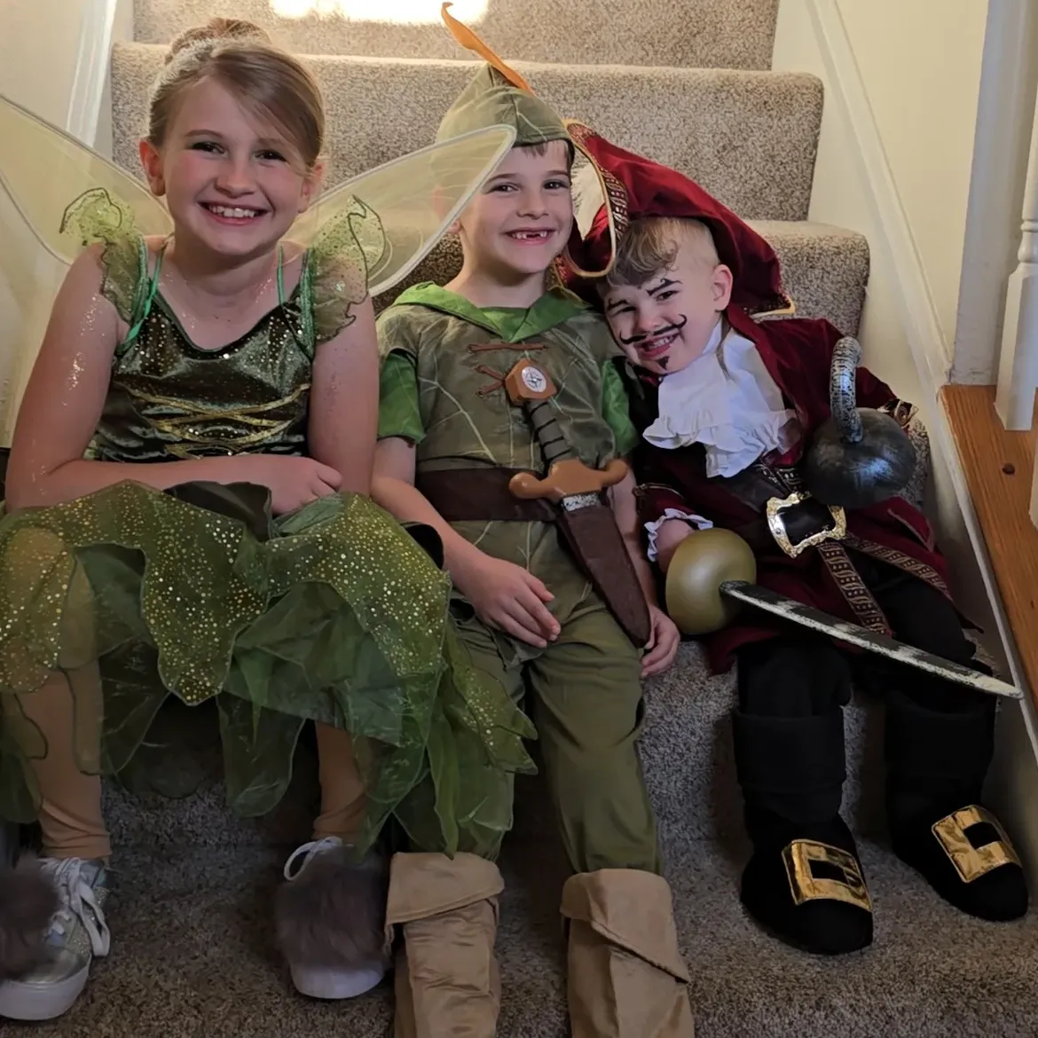 Trio Halloween Costume: Peter Pan, Tinkerbell, and Captain Hook