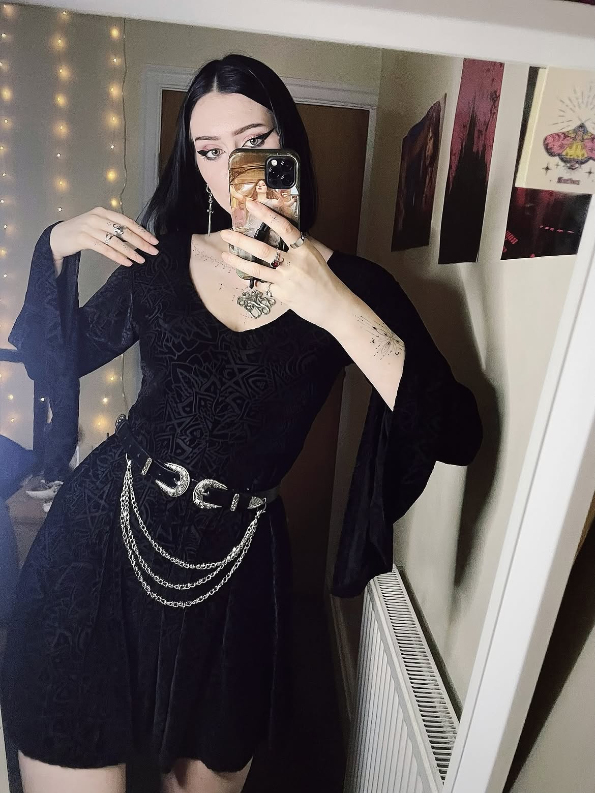 Velvet Bell Sleeve Dress With Chain Belt