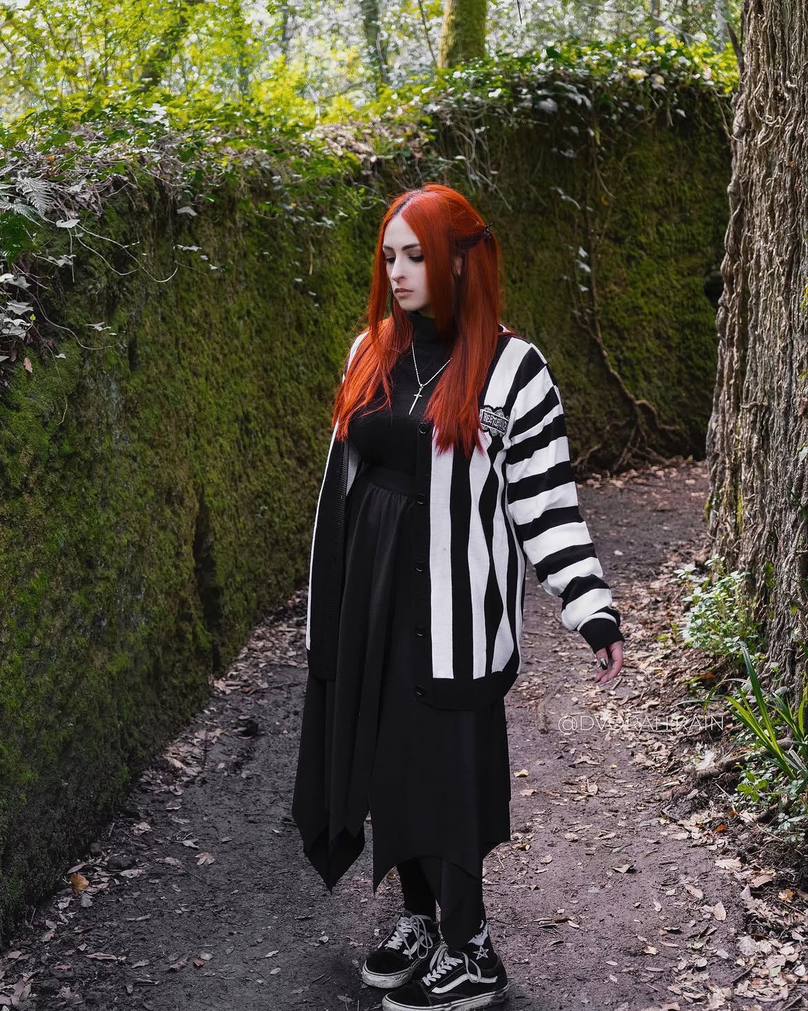 Vertical Stripe Cardigan and Asymmetrical Skirt